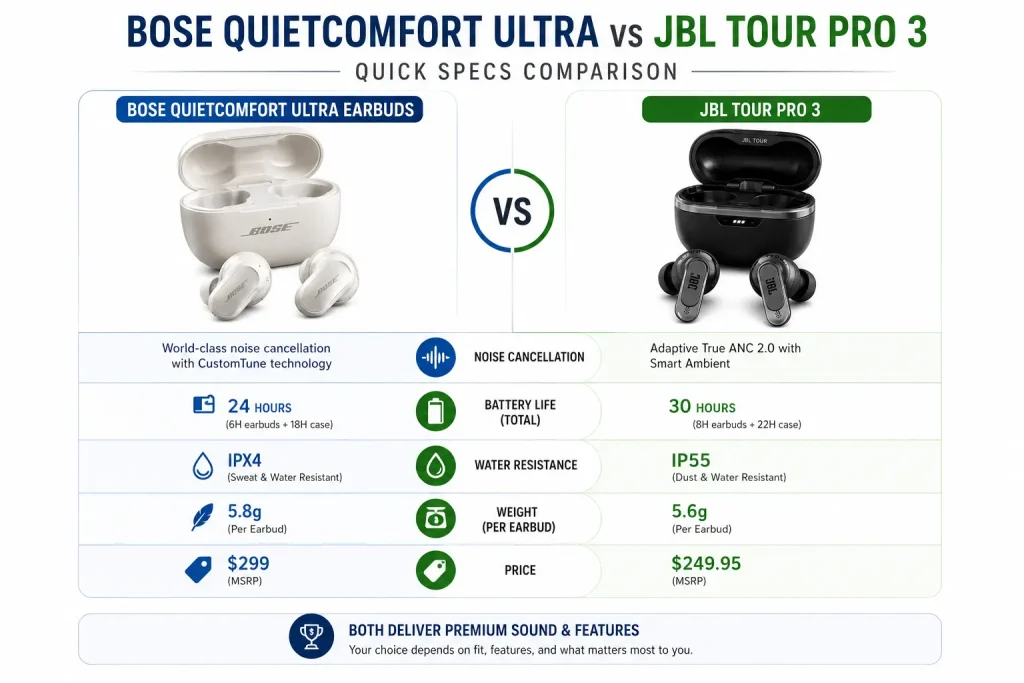 Bose Quiet Comfort Ultra vs JBL Tour Pro 3: Honest Test & Winner 2 Bose QuietComfort Ultra vs JBL Tour Pro 3 specs comparison infographic