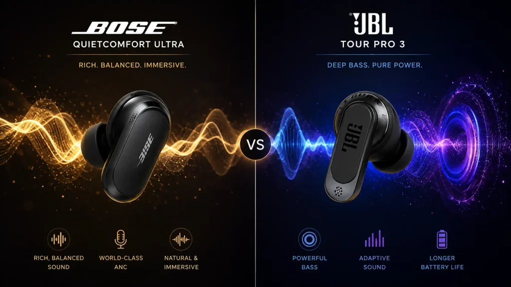 Bose Quiet Comfort Ultra vs JBL Tour Pro 3: Honest Test & Winner 6 Bose balanced sound vs JBL bass heavy sound comparison