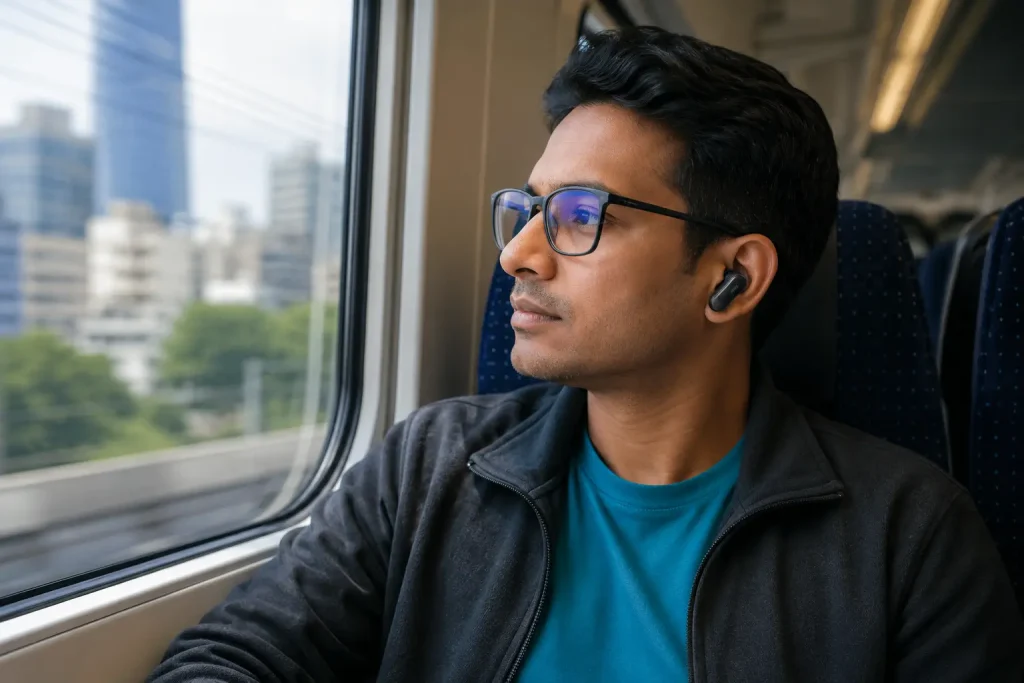 Bose Quiet Comfort Ultra vs JBL Tour Pro 3: Honest Test & Winner 3 man wearing Bose QuietComfort Ultra Earbuds on train commute