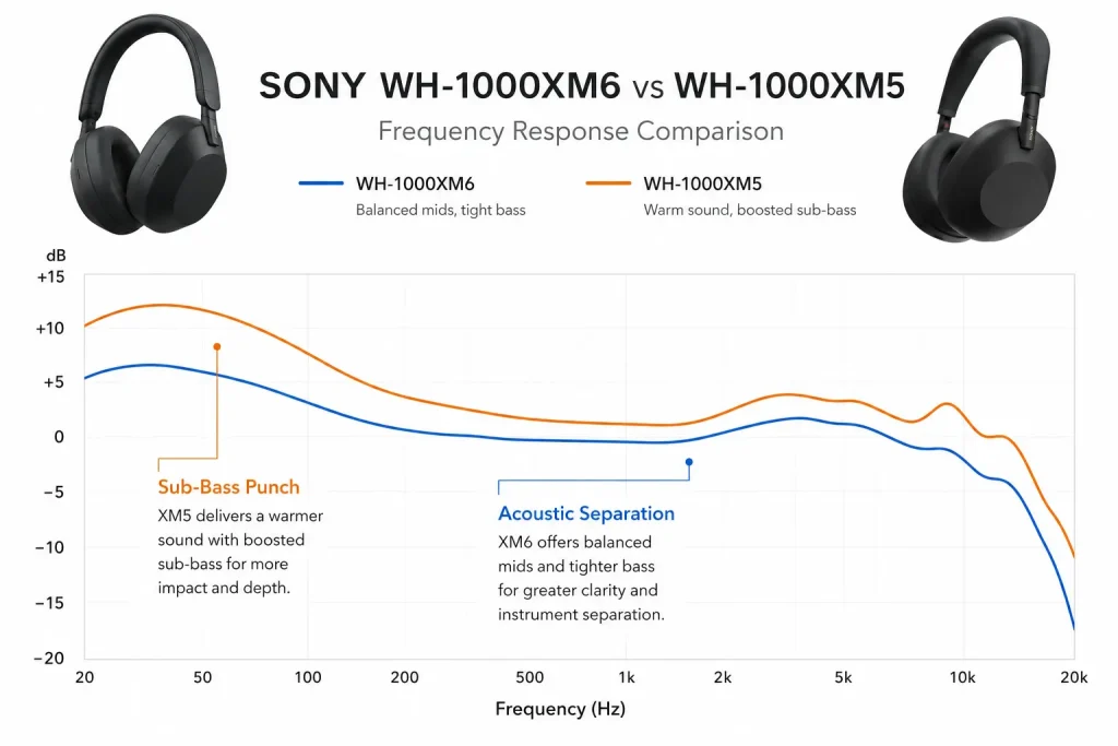 Frequency response balance chart comparing the bass tuning and midrange clarity of Sony XM6 versus XM5
