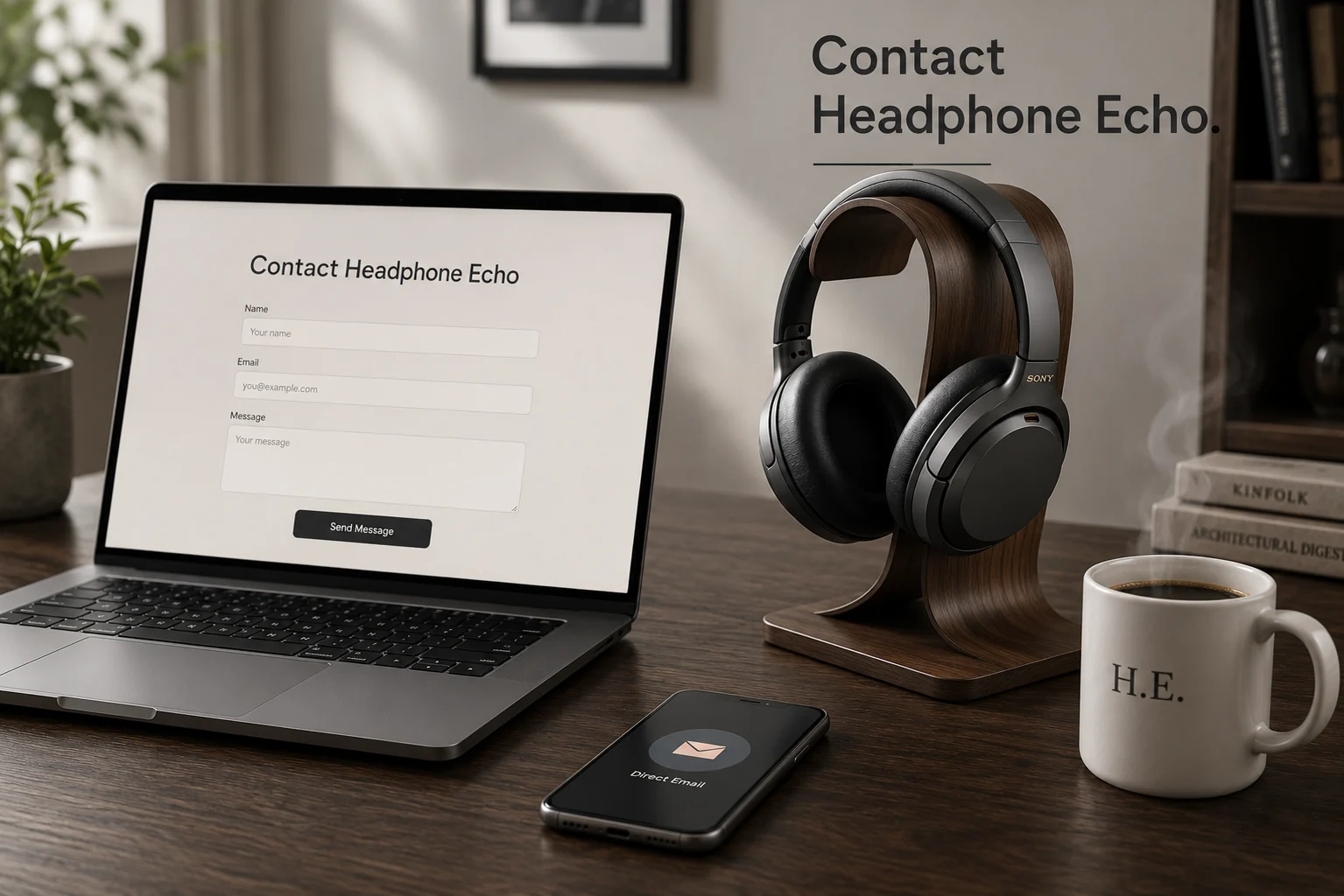 Headphone stand with headphones and a laptop showing a contact form on a modern desk 1