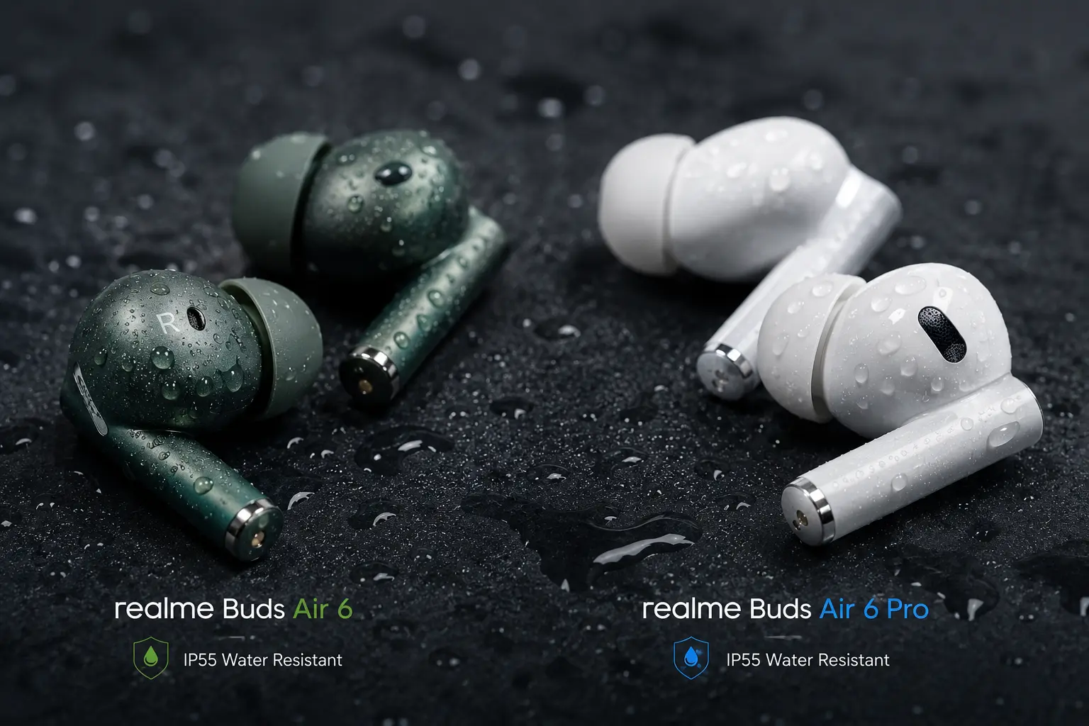 IP55 water resistant realme wireless earbuds covered in water droplets during a durability test
