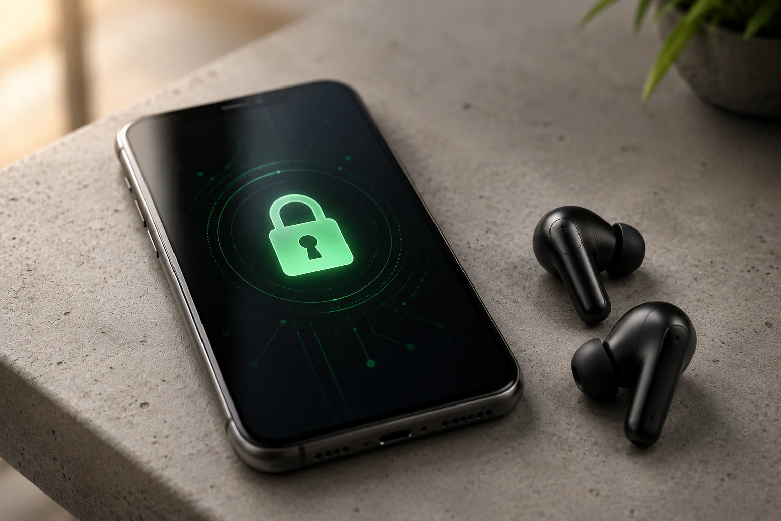 Smartphone showing a secure padlock icon next to premium wireless earbuds on a sleek desk surface