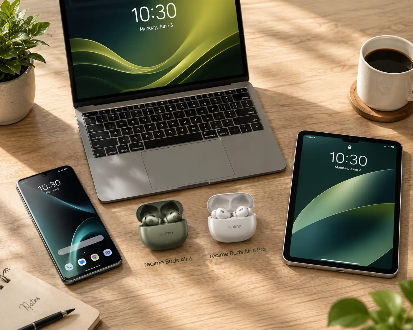 Tech workspace flat lay displaying realme Buds Air 6 and Pro models among daily productivity gadgets