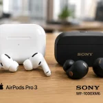 Apple AirPods Pro 3 and Sony WF-1000XM6 premium wireless earbuds side by side on a modern desk.