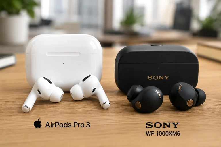 Apple AirPods Pro 3 and Sony WF-1000XM6 premium wireless earbuds side by side on a modern desk.
