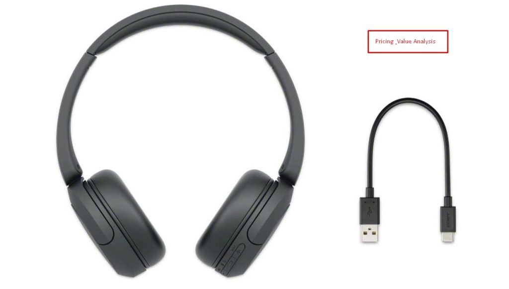 Black Sony WH-CH520 wireless headphones beside their USB-C charging cable on a white background