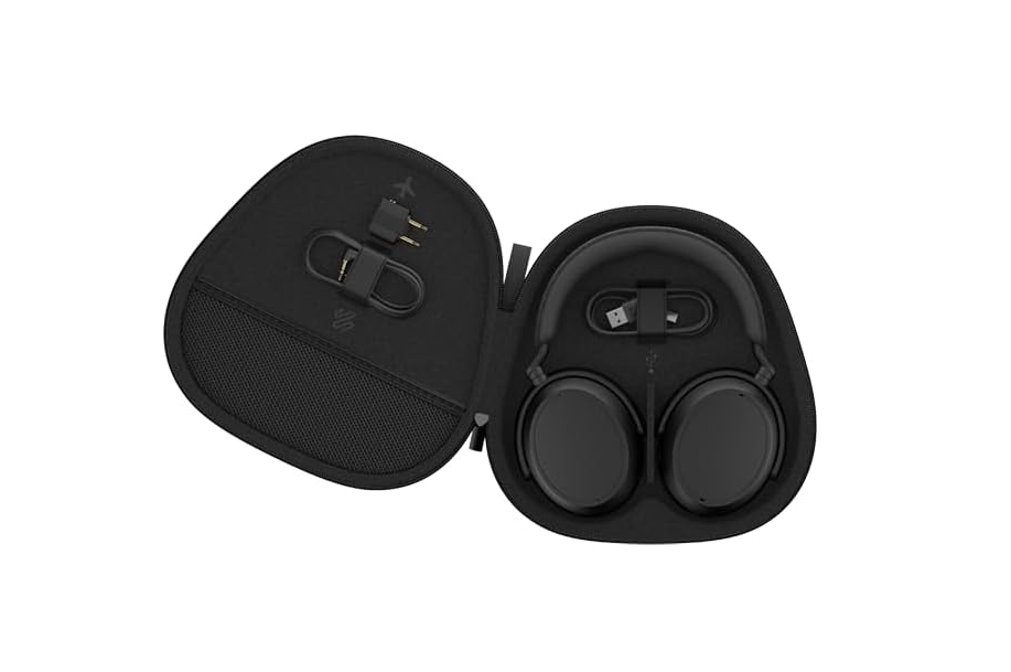 Sennheiser Momentum 4 headphones folded flat inside their open travel case with cables