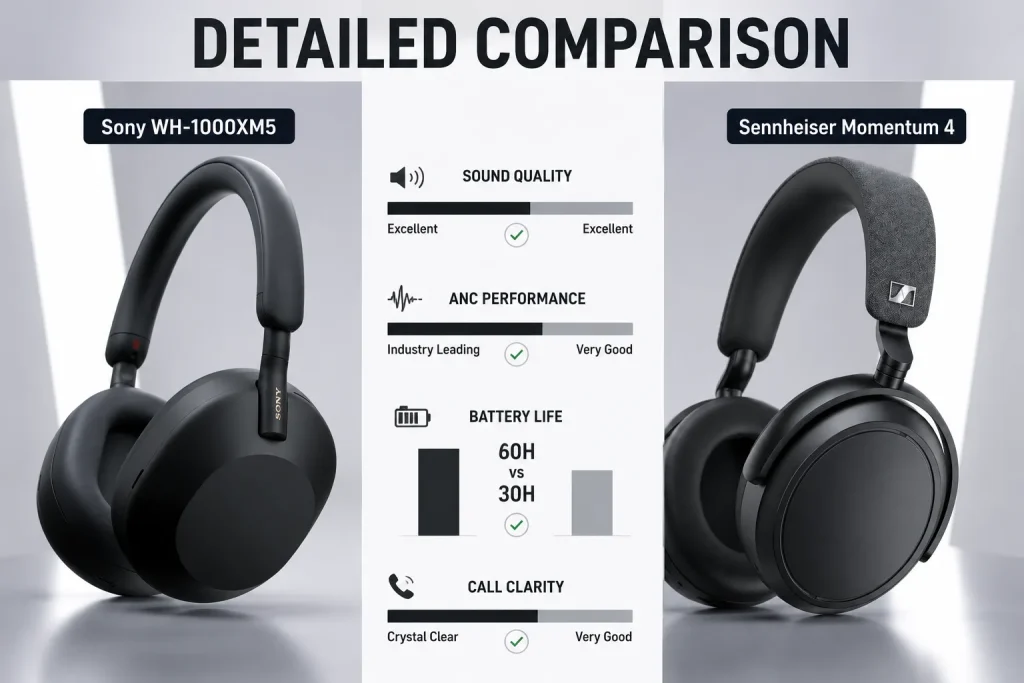 Detailed comparison infographic of the Sony WH-1000XM5 and Sennheiser Momentum 4 with sound quality and ANC performance ratings