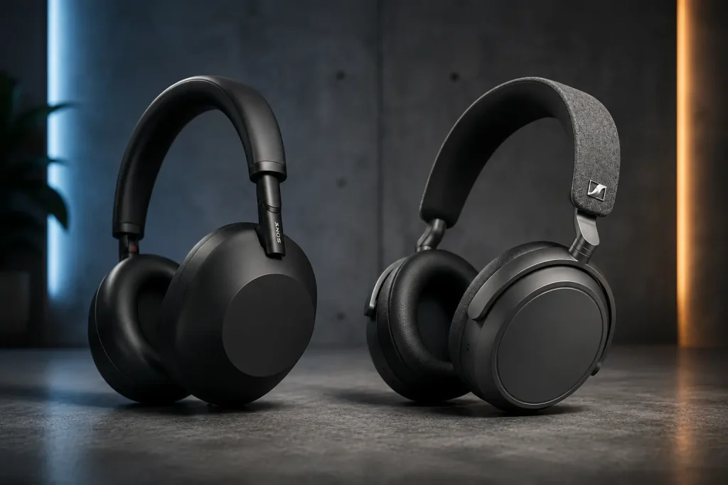 Sony WH-1000XM6 and Sennheiser Momentum 4 over-ear headphones side by side on a table