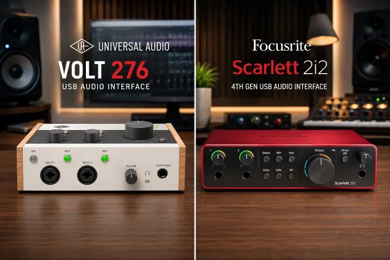 Universal Audio Volt 276 vs Focusrite Scarlett 2i2, Volt 276 vs Scarlett 2i2 4th Gen, best budget audio interface, desktop audio interface comparison, USB-C audio interfaces, home studio audio interface, UA Volt 276 vs Scarlett 2i2 4th Gen, budget interfaces under $300, 1176 compression audio interface, Auto Gain audio interface, Focusrite Scarlett 2i2 4th Gen review, Universal Audio Volt 276 review, audio interface for podcasters, vocal recording audio interface, Scarlett 2i2 vs Volt 276 comparison