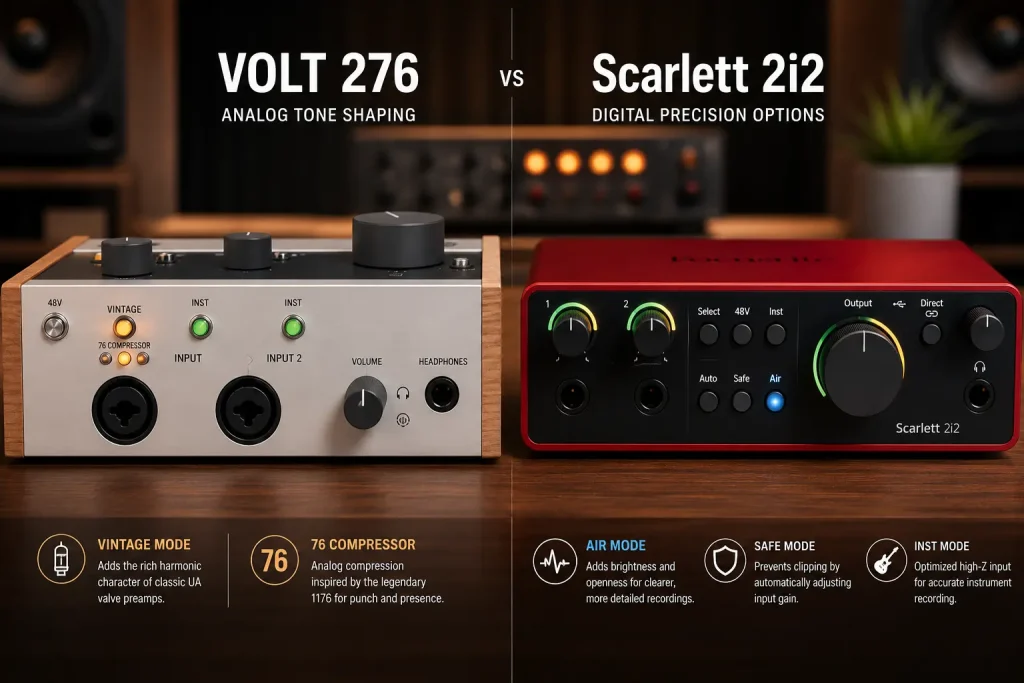 Universal Audio Volt 276 vs Focusrite Scarlett 2i2, Volt 276 vs Scarlett 2i2 4th Gen, best budget audio interface, desktop audio interface comparison, USB-C audio interfaces, home studio audio interface, UA Volt 276 vs Scarlett 2i2 4th Gen, budget interfaces under $300, 1176 compression audio interface, Auto Gain audio interface, Focusrite Scarlett 2i2 4th Gen review, Universal Audio Volt 276 review, audio interface for podcasters, vocal recording audio interface, Scarlett 2i2 vs Volt 276 comparison