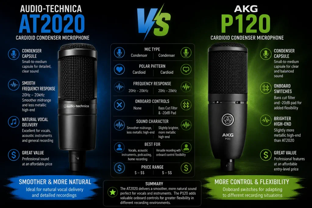 Comparison graphic of the Audio-Technica AT2020 condenser microphone on the left and the AKG P120 condenser microphone on the right