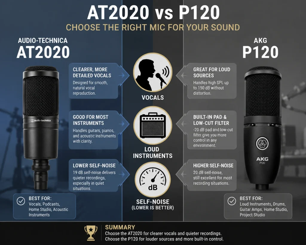 AT2020 vs P120 comparison chart showing the Audio-Technica AT2020 on the left and the AKG P120 on the right, comparing vocals, loud instruments, and self-noise