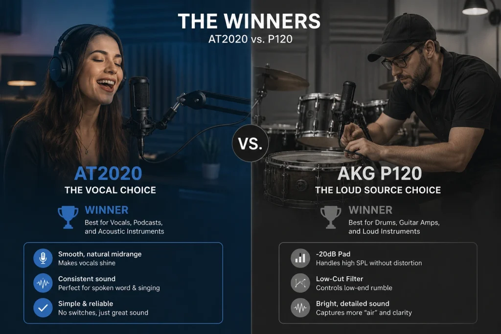 Winners infographic with a singer using the Audio-Technica AT2020 as the vocal choice on the left and the AKG P120 miking drums as the loud-source choice on the right