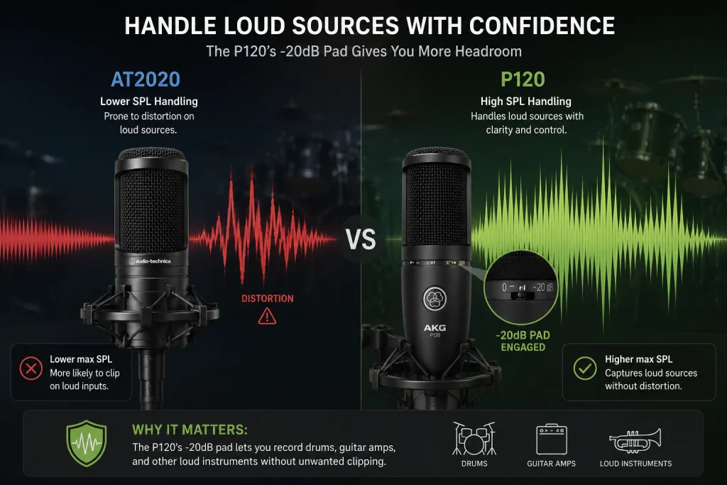 Graphic comparing loud-source handling, with the Audio-Technica AT2020 on the left showing distortion and the AKG P120 on the right with its -20 dB pad engaged