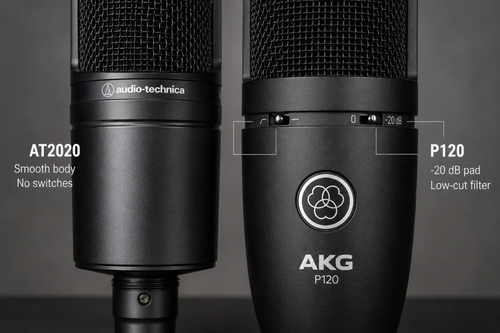 Close-up of the Audio-Technica AT2020 with no switches beside the AKG P120 showing its -20 dB pad and low-cut filter switches