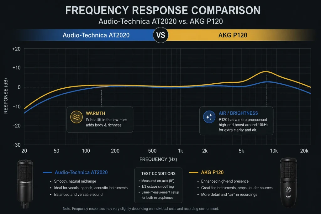 Frequency response comparison chart for the Audio-Technica AT2020 and AKG P120, showing the P120's high-end boost around 10 kHz