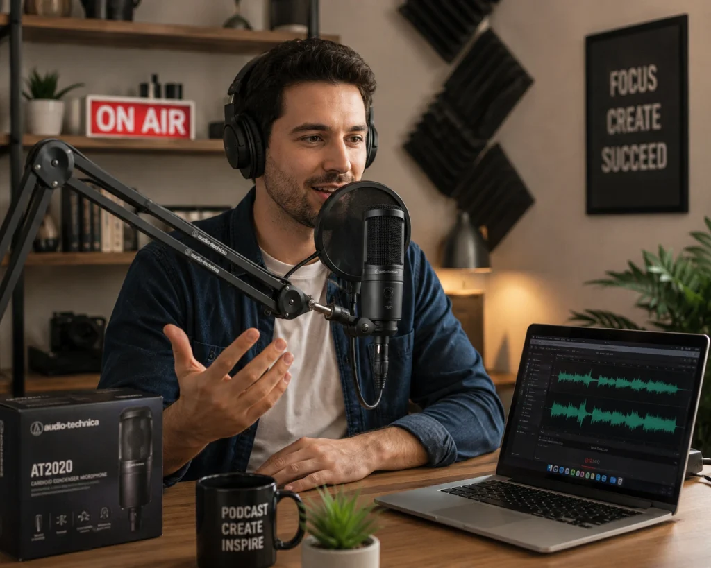 Man recording a podcast into an Audio-Technica AT2020 condenser microphone on a boom arm in a home studio, with the AT2020 box on the desk