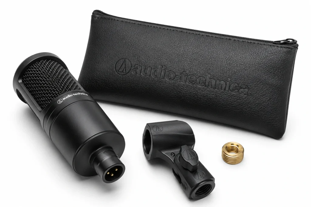 Audio-Technica AT2020 condenser microphone lying beside its zip pouch, stand mount, and thread adapter