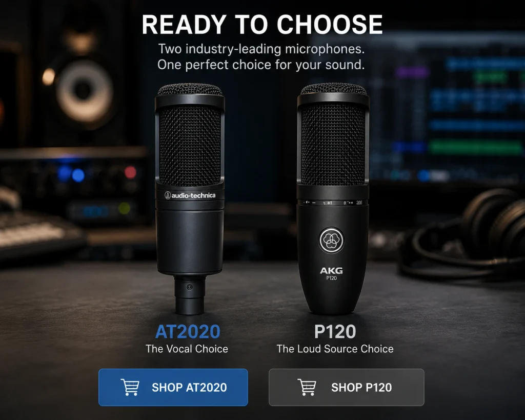 Audio-Technica AT2020 and AKG P120 condenser microphones standing side by side on a dark studio desk under a Ready to Choose heading