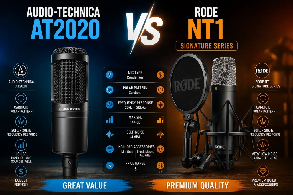 Comparison graphic of the Audio-Technica AT2020 on the left and the Rode NT1 Signature Series microphone with pop filter and shock mount on the right