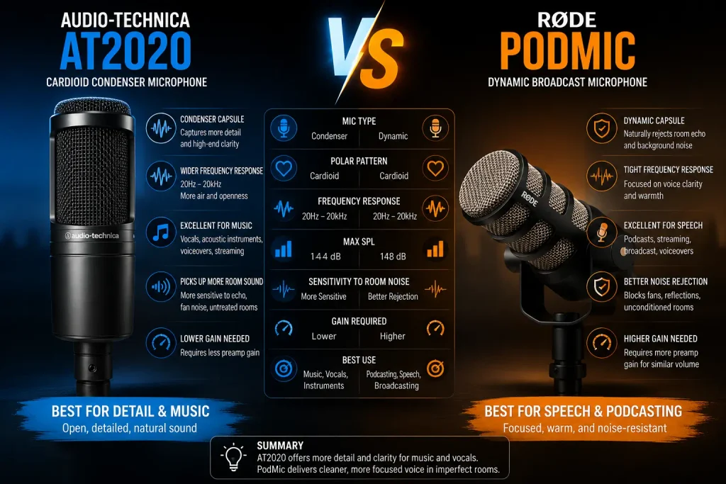 Comparison graphic of the Audio-Technica AT2020 condenser microphone on the left and the Rode PodMic dynamic broadcast microphone on the right