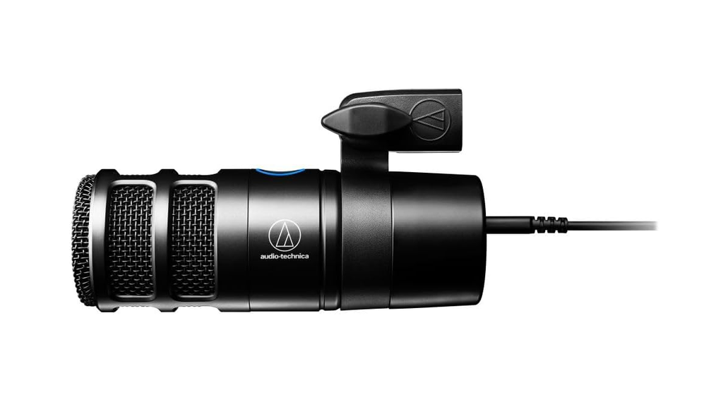 Audio-Technica AT2040USB black dynamic USB microphone with mounting clamp, side view on a white background