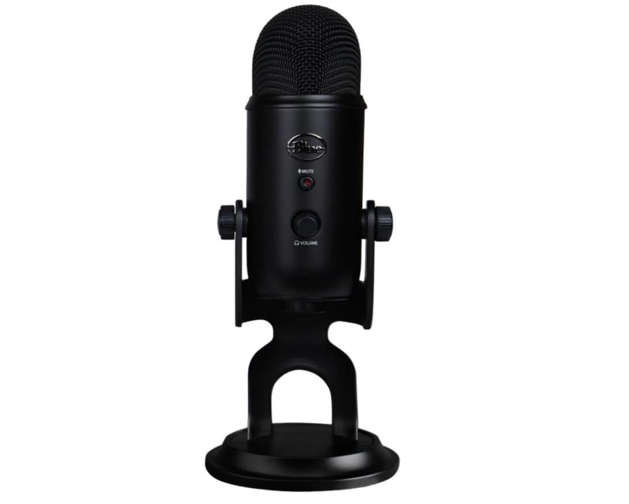 Blue Yeti USB microphone on its desk stand with headphone volume and mute controls visible