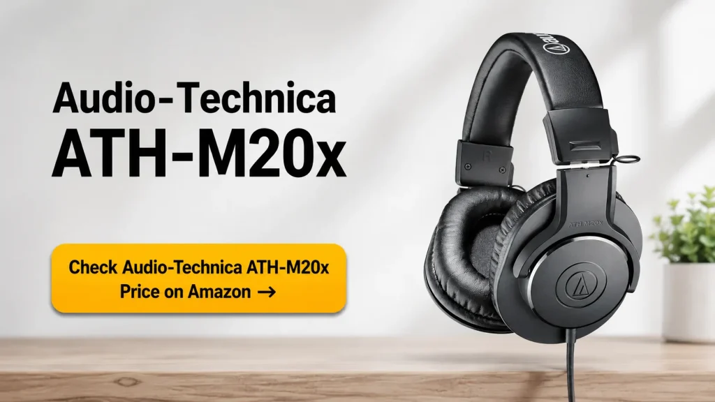 Audio-Technica ATH-M20x closed-back studio headphones on a desk