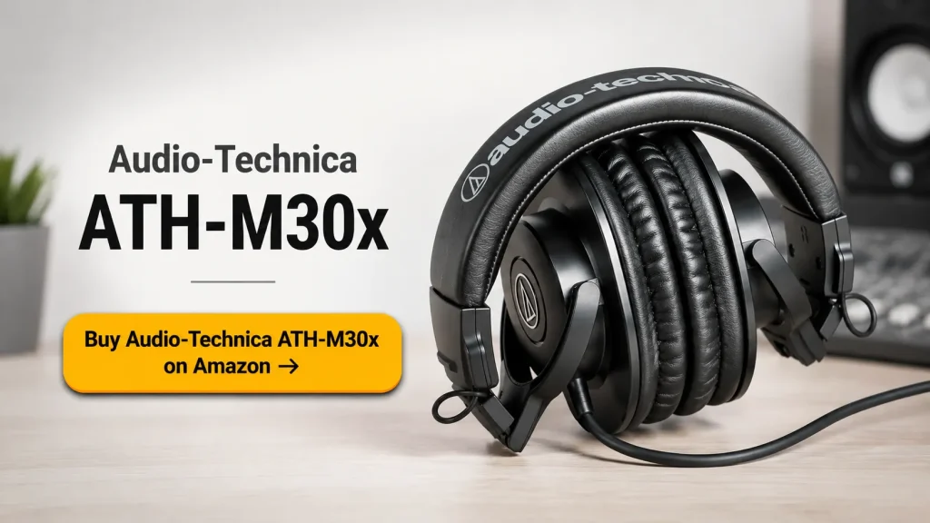 Audio-Technica ATH-M30x closed-back studio headphones on a desk