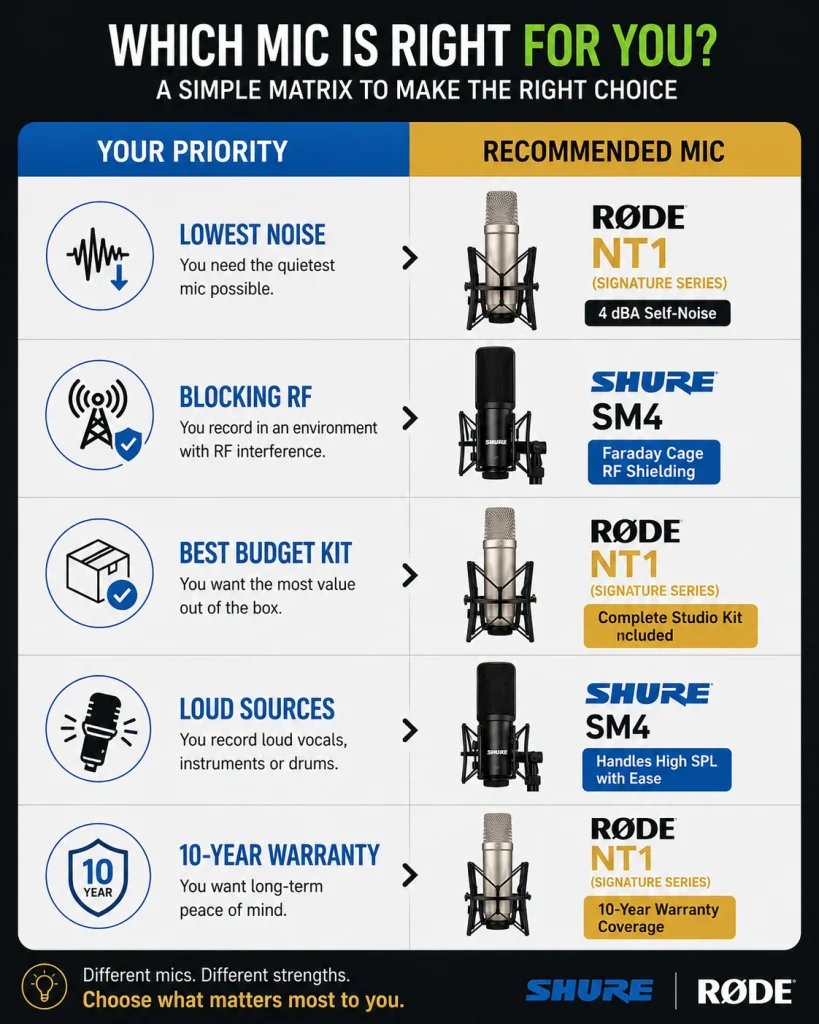 Decision matrix matching recording priorities to the RØDE NT1 Signature Series or the Shure SM4