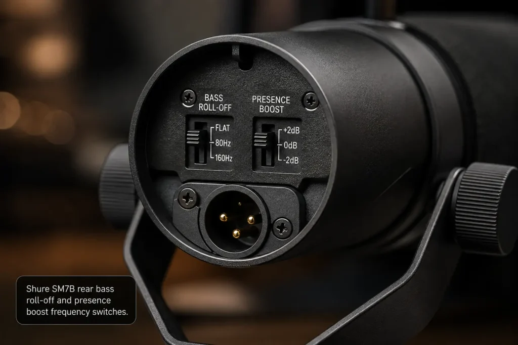 Close-up of the rear of a Shure SM7B showing its bass roll-off and presence boost switches and XLR connector