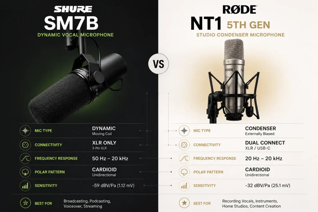 Comparison chart of the Shure SM7B dynamic vocal microphone and the RØDE NT1 5th Gen studio condenser microphone with key specifications