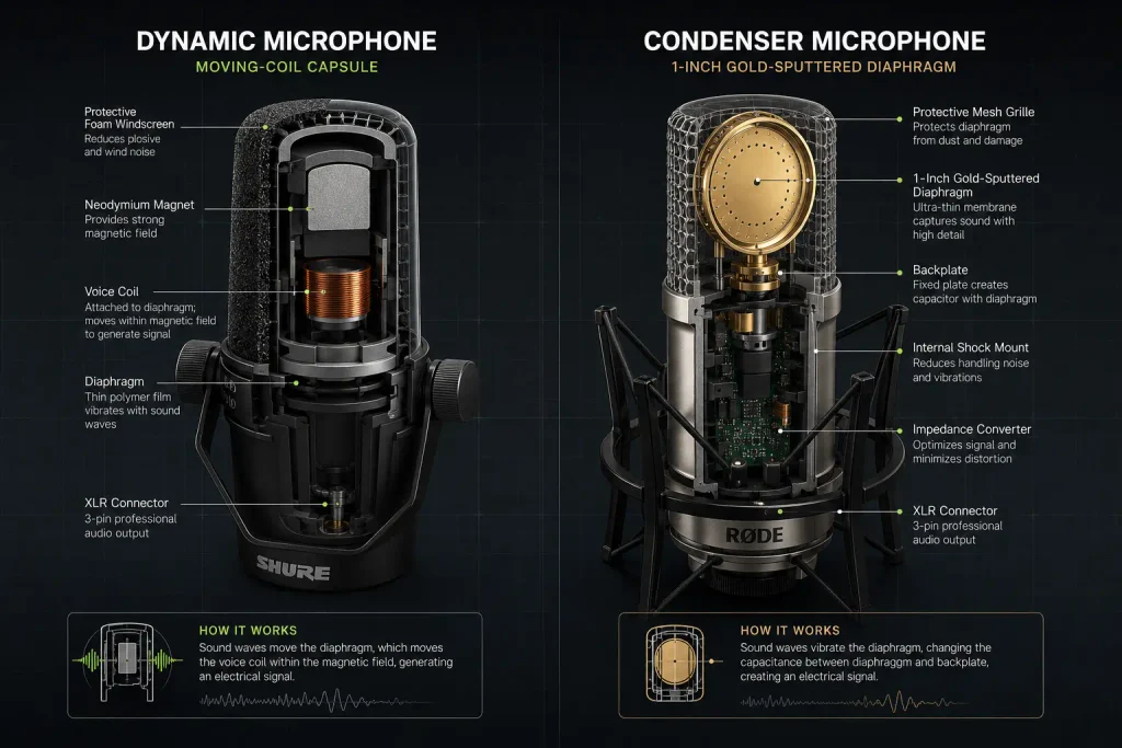 Cutaway diagram comparing the Shure SM7B moving-coil dynamic microphone with the RØDE NT1 5th Gen condenser microphone and its gold-sputtered diaphragm