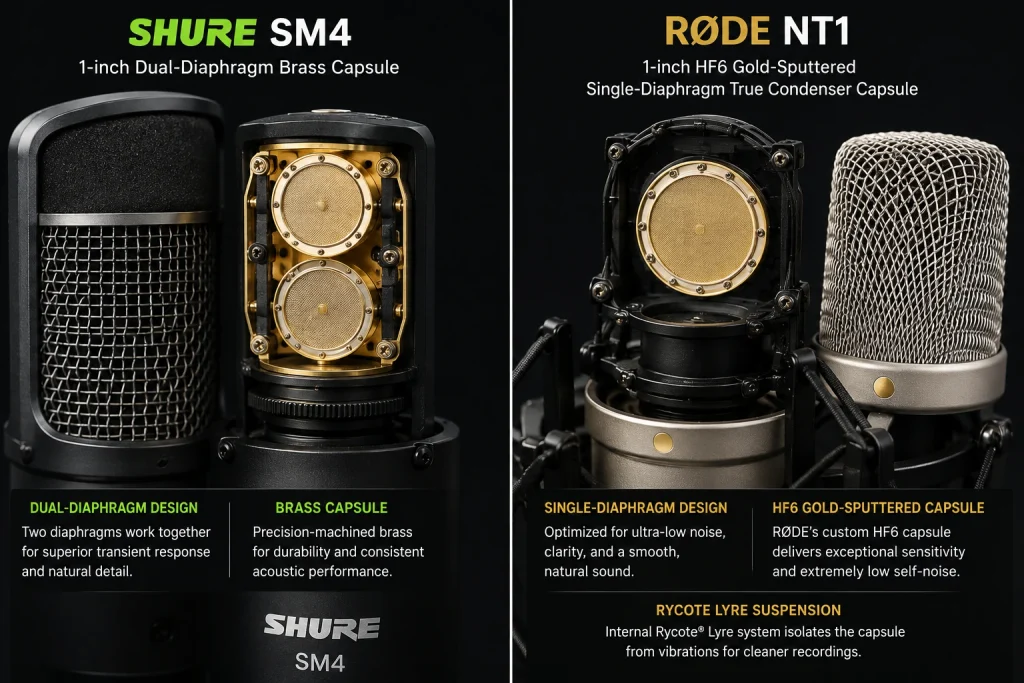 Shure SM4 dual-diaphragm brass capsule beside the RØDE NT1 single-diaphragm condenser capsule