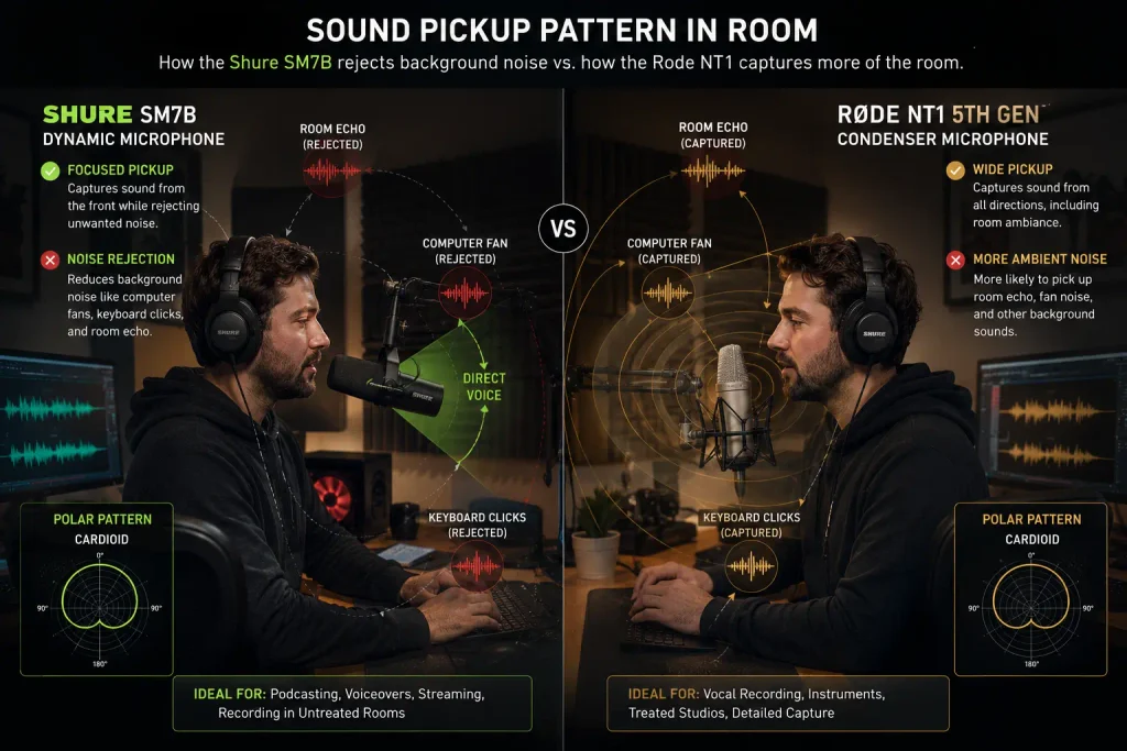 Graphic comparing sound pickup patterns in a room: the Shure SM7B with focused pickup and noise rejection versus the RØDE NT1 5th Gen with wide pickup