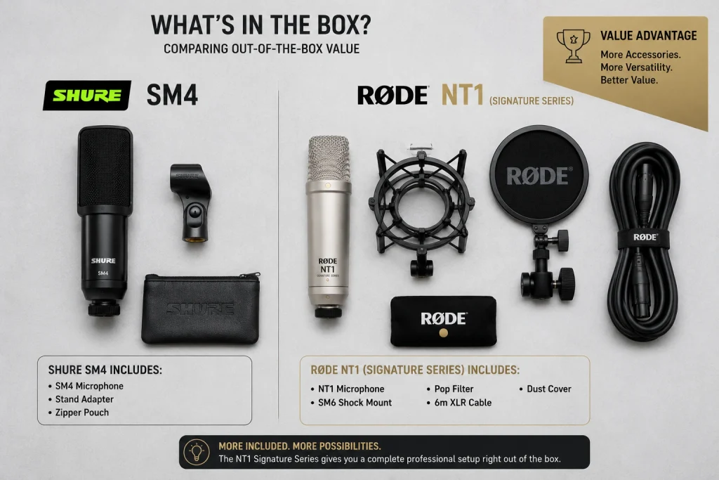 Shure SM4 box contents compared with the fuller RØDE NT1 Signature Series kit including shock mount, pop filter, and cable