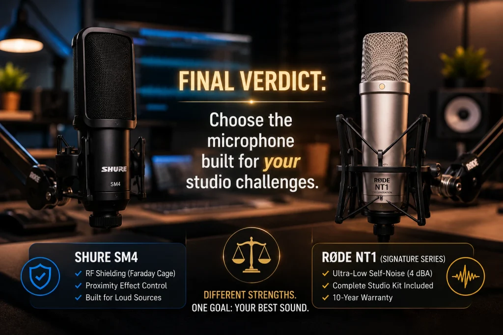 Final verdict graphic with the Shure SM4 and RØDE NT1 Signature Series side by side