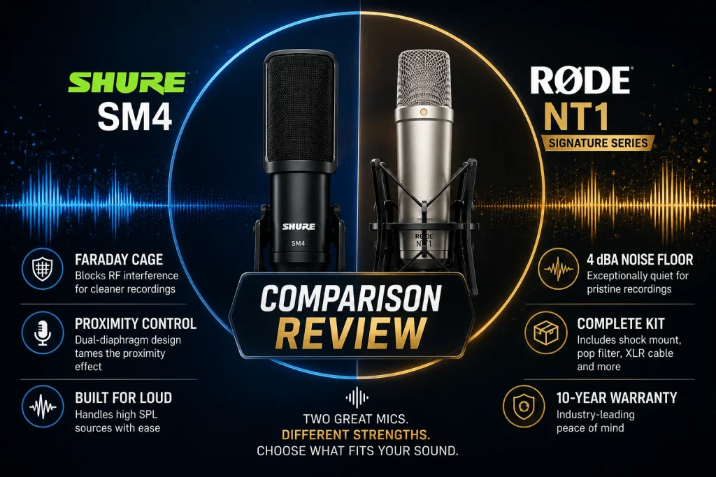 Shure SM4 and RØDE NT1 Signature Series comparison review graphic with their key strengths
