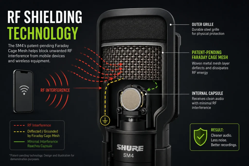Shure SM4 RF shielding diagram showing its Faraday cage mesh deflecting interference from a smartphone