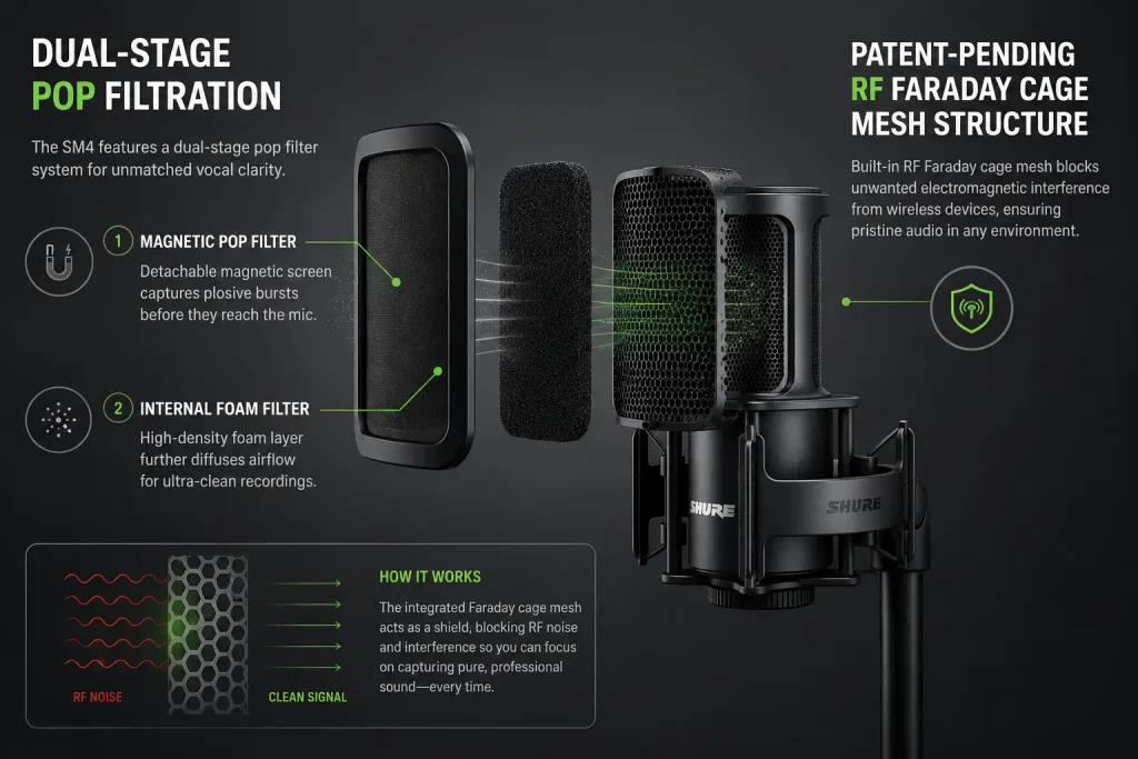Diagram showing Shure SM4 Faraday cage RF shielding and internal pop filter mechanism