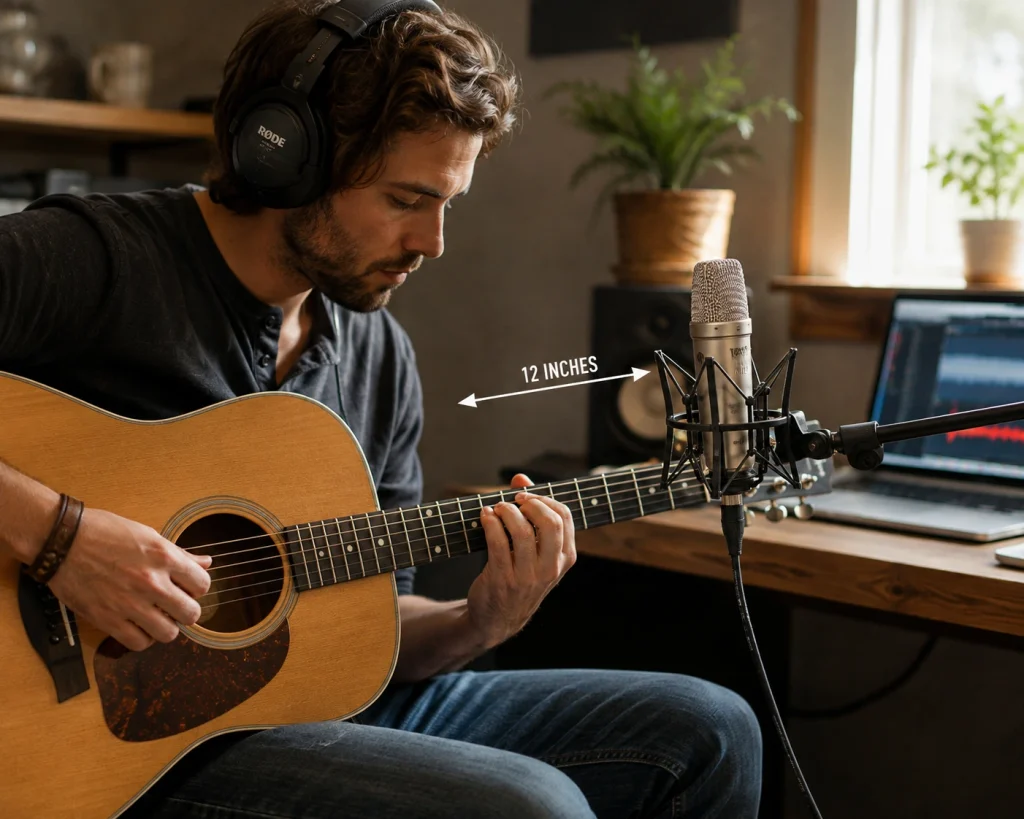 Man playing an acoustic guitar in front of a RØDE NT1 5th Gen condenser microphone in a shock mount in a home studio