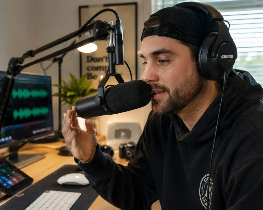 Man recording a podcast into a Shure SM7B microphone on a boom arm while wearing headphones in a home studio
