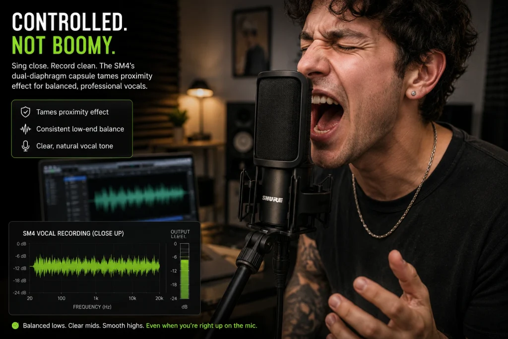 Singer recording close up into a Shure SM4 microphone with a controlled proximity effect waveform