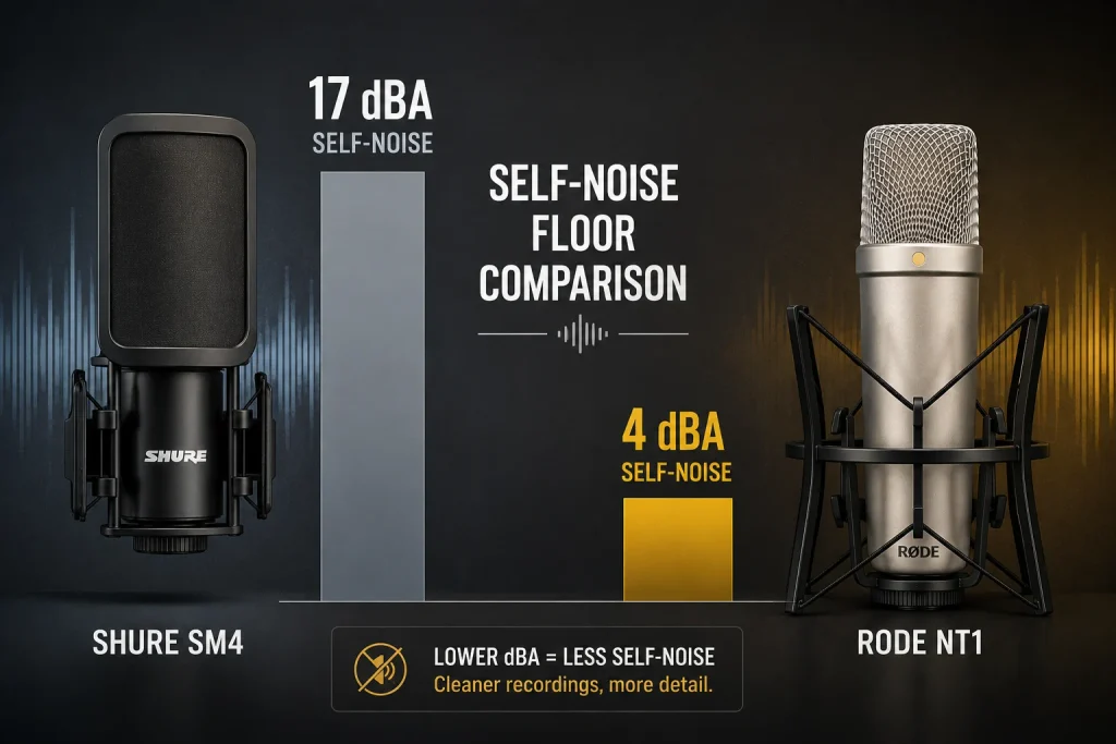 Shure SM4 at 17 dBA self-noise compared with the RØDE NT1 at 4 dBA in a self-noise floor comparison graphic