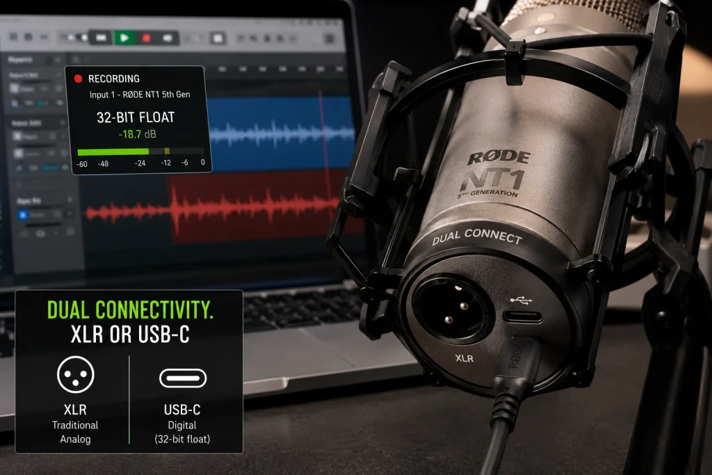 RØDE NT1 5th Generation microphone showing its Dual Connect XLR and USB-C outputs beside a laptop recording in 32-bit float