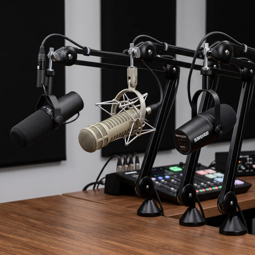 Three broadcast microphones mounted on adjustable black boom arms over a wooden studio desk