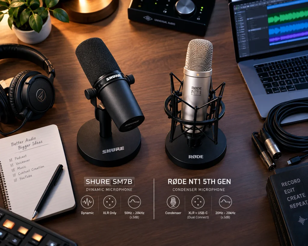 Shure SM7B dynamic microphone and RØDE NT1 5th Gen condenser microphone on a desk studio setup with headphones, audio interface, and laptop