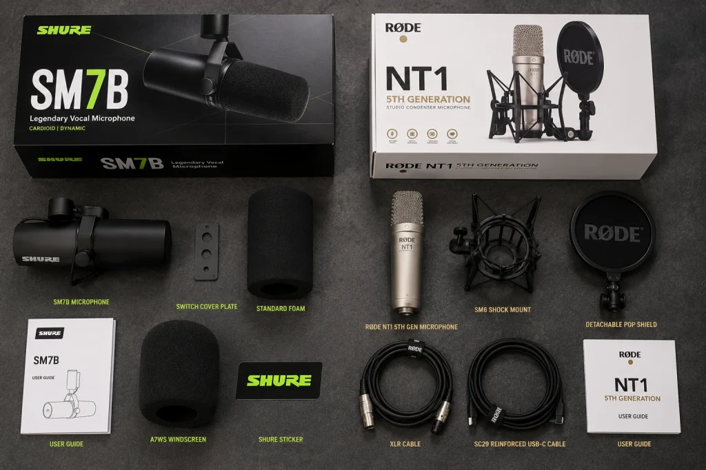 Shure SM7B and RØDE NT1 5th Gen microphone boxes with microphones and accessories displayed on a desk
